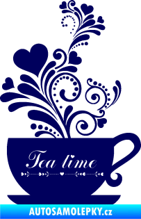 Samolepka Interiér 017 čas na čaj, hrníček s kytičkami tmavě modrá