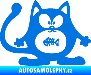 Samolepka Kočka 042 pravá s rybou v bříšku modrá oceán
