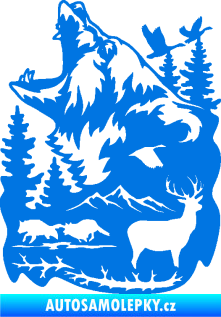Samolepka Krajina hory 039 levá medvěd a lesní zvěř modrá oceán