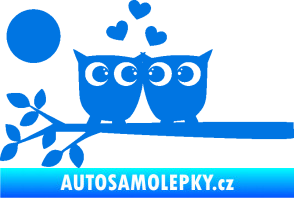 Samolepka Zamilované sovy levá na větvičce modrá oceán