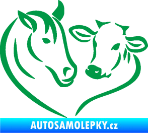 Samolepka Kůň s kravičkou v srdíčku levá láska ke zvířatům zelená