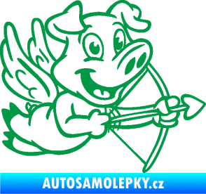 Samolepka Prase 005 pravá s křídly a lukem zelená