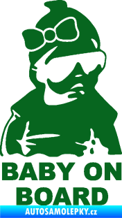 Samolepka Baby on board 001 pravá s textem miminko s brýlemi a s mašlí tmavě zelená