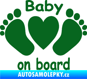 Samolepka Baby on board 004 s textem nožičky se srdíčkem tmavě zelená