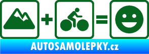 Samolepka Hory + kolo = veselý smajlík cyklista na horách tmavě zelená