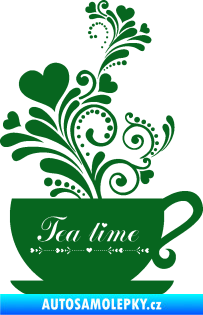 Samolepka Interiér 017 čas na čaj, hrníček s kytičkami tmavě zelená
