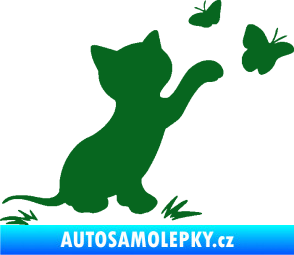 Samolepka Kočka 037 pravá s motýlky tmavě zelená