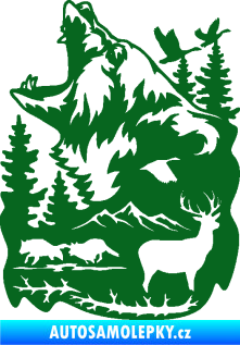 Samolepka Krajina hory 039 levá medvěd a lesní zvěř tmavě zelená