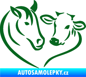 Samolepka Kůň s kravičkou v srdíčku levá láska ke zvířatům tmavě zelená