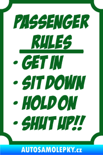 Samolepka Passenger rules nápis pravidla pro cestující tmavě zelená