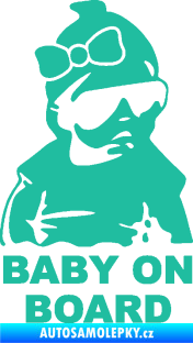 Samolepka Baby on board 001 pravá s textem miminko s brýlemi a s mašlí tyrkysová