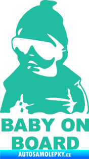 Samolepka Baby on board 002 levá s textem miminko s brýlemi tyrkysová