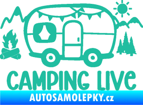 Samolepka Camping live 001 levá cestování v karavanu tyrkysová