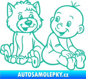 Samolepka Dítě v autě 087 pravá chlapeček s pejskem tyrkysová