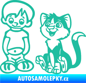 Samolepka Dítě v autě 097 levá kluk a kočka tyrkysová