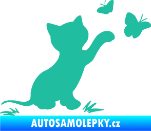 Samolepka Kočka 037 pravá s motýlky tyrkysová