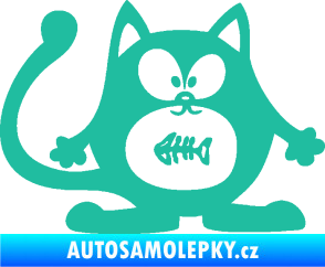 Samolepka Kočka 042 pravá s rybou v bříšku tyrkysová