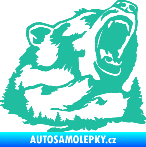 Samolepka Krajina hory 032 pravá les s medvědem tyrkysová
