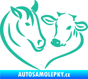 Samolepka Kůň s kravičkou v srdíčku levá láska ke zvířatům tyrkysová