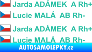Samolepka Vlajka ČR se jménem a krevní skupinou tyrkysová