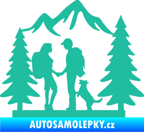Samolepka Zamilovaná turistika 001 levá výlet s pejskem tyrkysová
