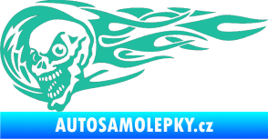 Samolepka Zubatka levá lebka v plamenech tyrkysová