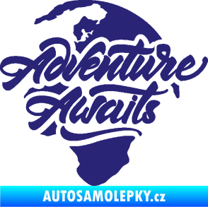 Samolepka Adventure Awaits dobrodružství čeká nápis se zeměkoulí střední modrá