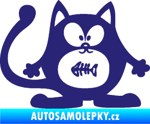 Samolepka Kočka 042 pravá s rybou v bříšku střední modrá