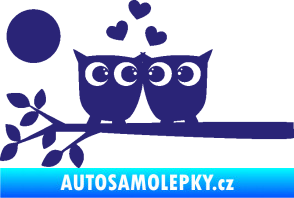 Samolepka Zamilované sovy levá na větvičce střední modrá