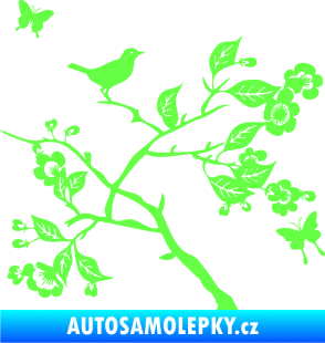 Samolepka Interiér 005 pravá  větvička s ptáčkem a motýlky Fluorescentní zelená