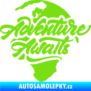 Samolepka Adventure Awaits dobrodružství čeká nápis se zeměkoulí zelená kawasaki