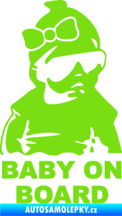 Samolepka Baby on board 001 pravá s textem miminko s brýlemi a s mašlí zelená kawasaki