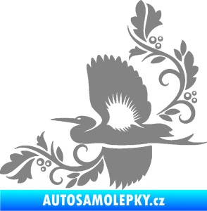 Samolepka Květina dekor 004 levá s ptáčkem šedá