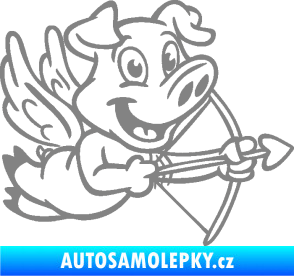 Samolepka Prase 005 pravá s křídly a lukem šedá