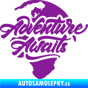 Samolepka Adventure Awaits dobrodružství čeká nápis se zeměkoulí fialová