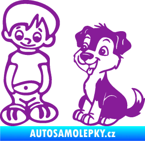 Samolepka Dítě v autě 100 levá kluk a pes fialová