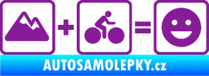 Samolepka Hory + kolo = veselý smajlík cyklista na horách fialová