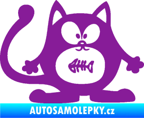 Samolepka Kočka 042 pravá s rybou v bříšku fialová