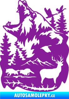 Samolepka Krajina hory 039 levá medvěd a lesní zvěř fialová