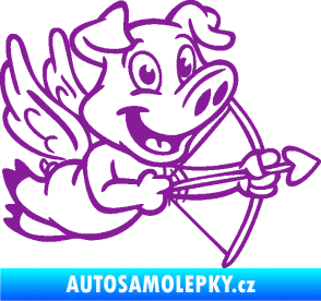 Samolepka Prase 005 pravá s křídly a lukem fialová