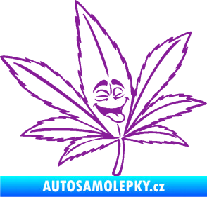 Samolepka Travka 003 pravá lístek marihuany s obličejem fialová