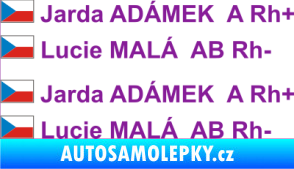 Samolepka Vlajka ČR se jménem a krevní skupinou fialová