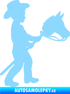 Samolepka Děti silueta 012 pravá kluk s dřevěným koníkem světle modrá