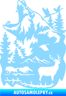 Samolepka Krajina hory 039 levá medvěd a lesní zvěř světle modrá