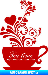 Samolepka Interiér 017 čas na čaj, hrníček s kytičkami tmavě červená
