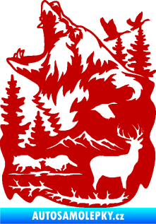Samolepka Krajina hory 039 levá medvěd a lesní zvěř tmavě červená