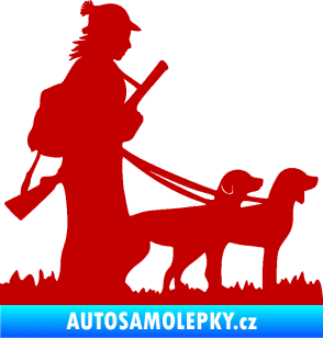 Samolepka Lov 001 pravá žena a dva psi  tmavě červená