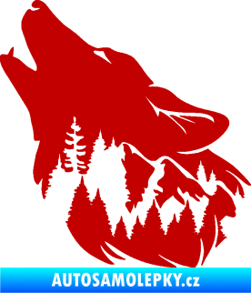Samolepka Vlk 027 levá s krajinou tmavě červená