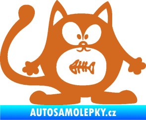 Samolepka Kočka 042 pravá s rybou v bříšku oříšková