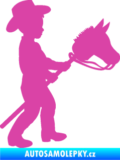 Samolepka Děti silueta 012 pravá kluk s dřevěným koníkem růžová